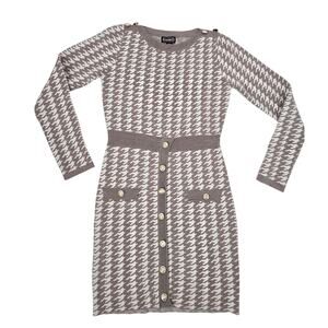 Houndstooth Cashmere Wool Blend Dress Old Money Bodycon Long Sleeve Womens Small